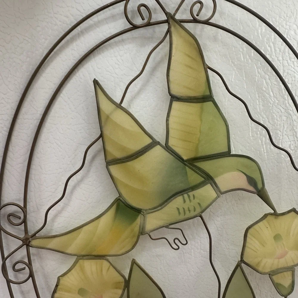 Capiz Shell Sun Catcher Hanging Hummingbird & Flower Ornament Copper Brass wire